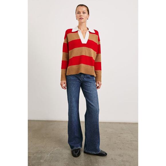 Rails Women's Cherry Camel Stripe Harris Collared Sweater Size Large cashmere - Picture 2 of 12